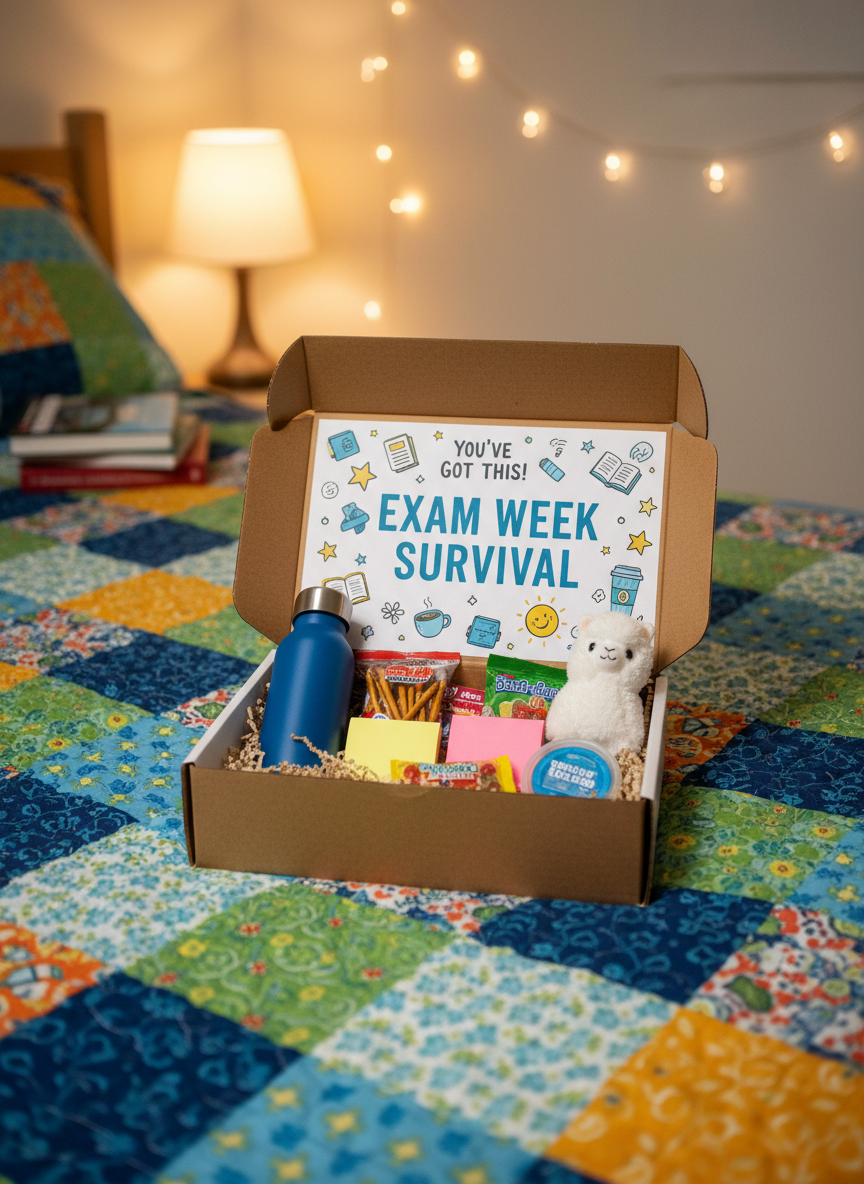 A single open "exam week survival" gift box centered on a neatly made dorm bed with a colorful quilt. Inside the box, neatly arranged snacks, a reusable water bottle, stress-relief putty, sticky notes without legible text, and a small plush toy sit in shredded paper filler. The interior lid is decorated with matching patterns and playful doodle-like shapes that mirror the outside of the box, highlighting personalization. Warm bedside lamp light and soft string lights along the wall create a cozy, golden glow and subtle shadows. Photographic realism, captured at eye level with the box in sharp focus and the dorm room elements gently blurred. The composition uses the rule of thirds to draw the eye into the open box, giving an atmosphere of comfort, encouragement, and thoughtful support from home.