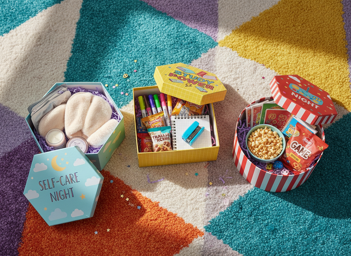 A bird’s eye view of three themed gift boxes laid out on a colorful dorm area rug: a "self-care night" box with face masks and fuzzy slippers, a "study power" box with highlighters and snack packs, and a "game night" box with card decks and popcorn. Some lids rest casually beside the boxes, revealing beautifully coordinated interiors lined with patterned paper and tiny decorative elements like confetti and stickers without text. Natural daylight from an unseen window illuminates the scene with soft, even light, creating delicate shadows around each object. Photographic realism with sharp focus throughout, vibrant and playful colors dominating the composition. The mood is energetic and fun, suggesting variety and customization, like friends and family thoughtfully designing each box around the student’s favorite activities.