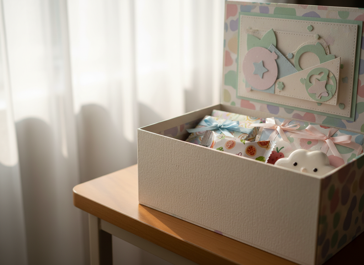 A close-up detail shot of the inside of a personalized gift box positioned on a dorm room side table, focusing on the craftsmanship and decorated interior. The camera captures the textured cardstock walls lined with patterned paper in pastel tones, hand-tied ribbon around small wrapped items, and a custom-looking insert panel with playful shapes in matching colors instead of text. Soft morning light streams through sheer curtains, creating delicate highlights on glossy snack wrappers and a subtle sheen on a small ceramic keepsake tucked in the corner. Photographic realism with a shallow depth of field so the edges of the box blur gently, emphasizing handmade details and care. The mood is intimate, warm, and thoughtful, conveying the sense of love and creativity that went into assembling the box.